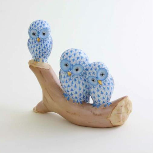 Herend Owls On Branch Figurine Blue Fishnet