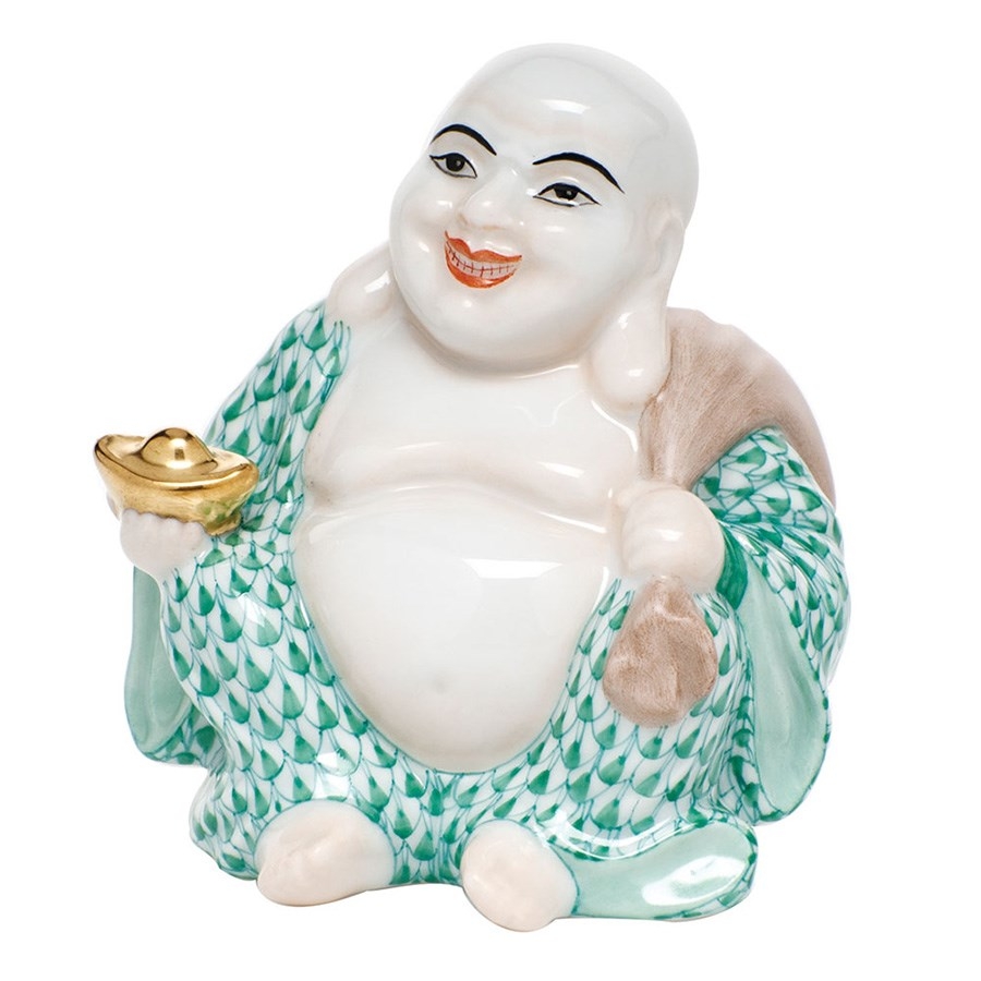 Herend Laughing Buddha Figurine Green Fishnet