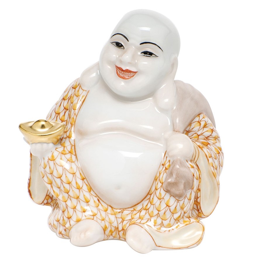 HEREND SMALL LAUGHING BUDDHA Handmade and handpainted Herend porcelain from Hungary with 24 karat gold accents.