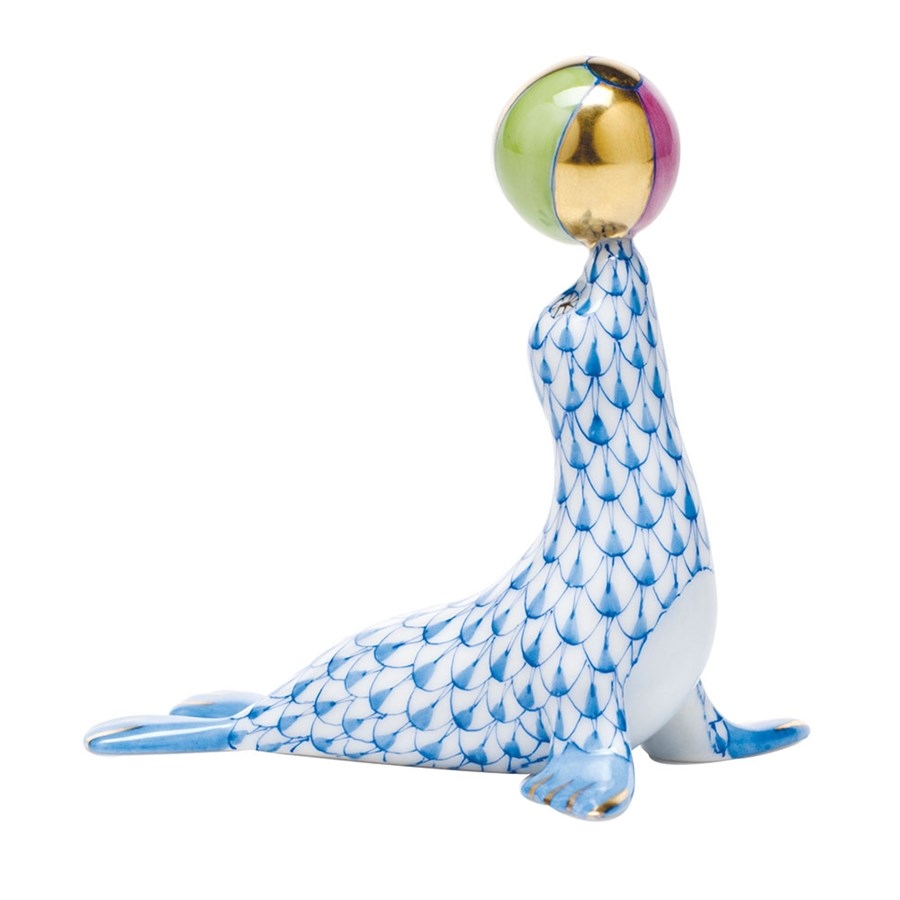 Herend Sea Lion with Ball Figurine Blue Fishnet