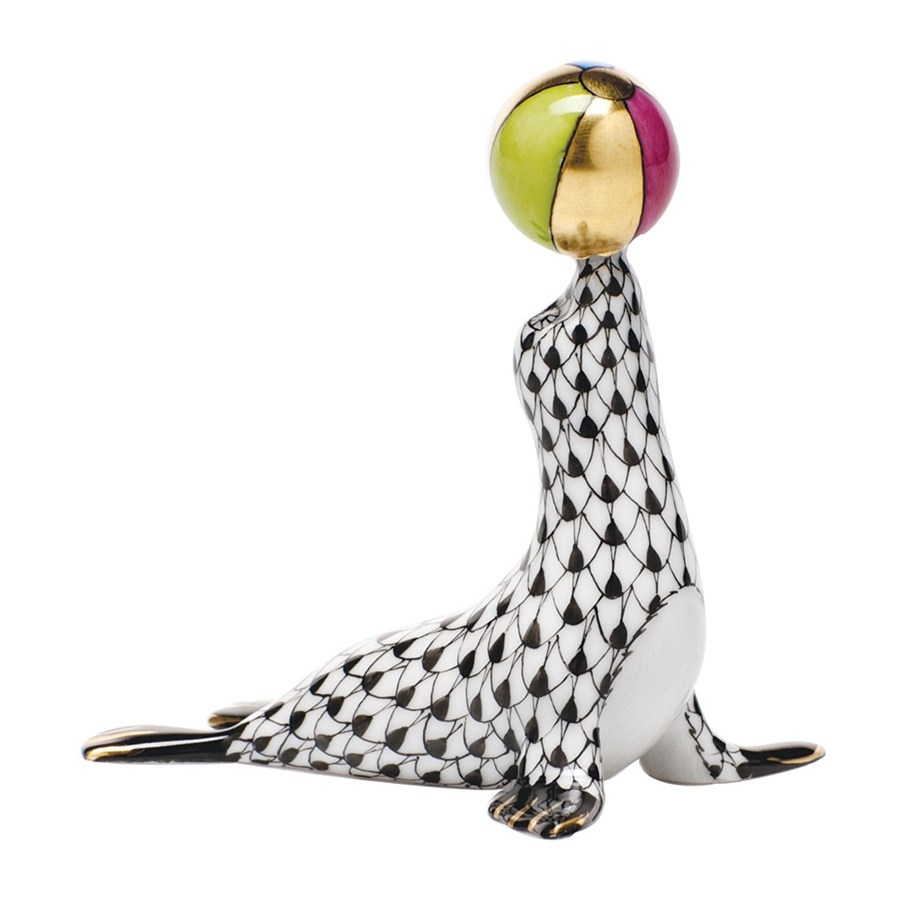 Herend Sea Lion with Ball Figurine Black Fishnet