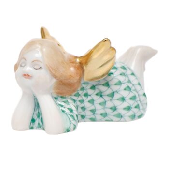 Herend Tranquility Lying Angel Figurine Green Fishnet