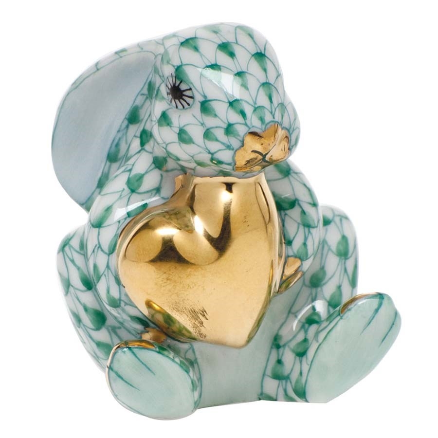Herend Figurine Bunny Rabbit with Heart Green Fishnet