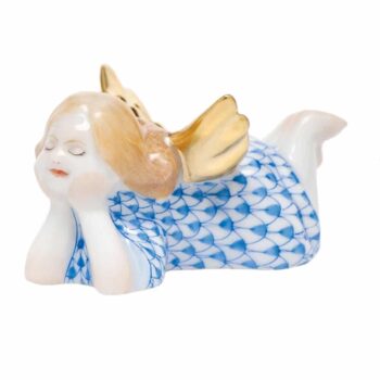 Herend Tranquility Lying Angel Figurine Blue Fishnet