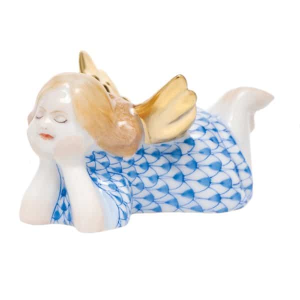 Herend Tranquility Lying Angel Figurine Blue Fishnet