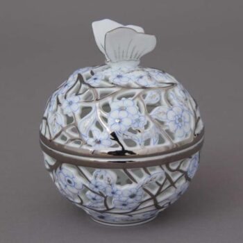06214-0-17 CPTB Bonbonniere, open-work, Butterfly knob - Platinum Blue Hand cut and hand painted in Herend Porcelain Manufactory. Comes with gift packaging and certificate.