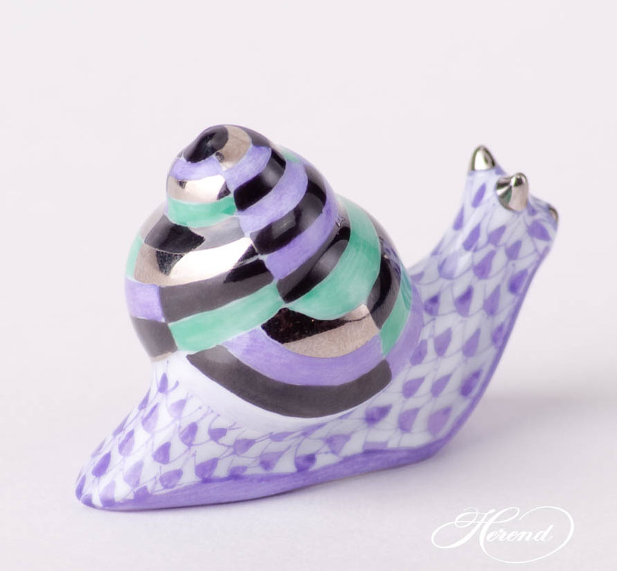 Small Snail is painted in Vieux Herend (VHL) Lilac / Purple Fish scale and Platinum design.
