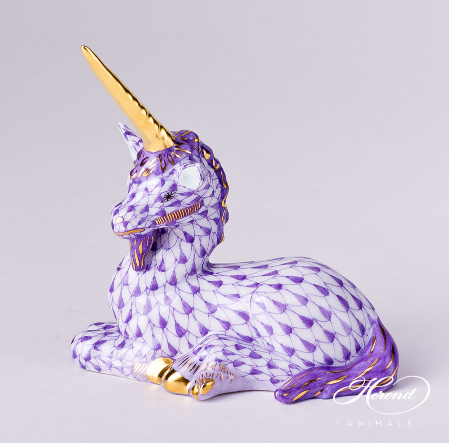 Lying Unicorn - Fishnet Purple Lilac Herend Canada presents your the iconic Unicorn figurine, which is painted in Vieux Herend (VHL) Lilac fish scale decor.