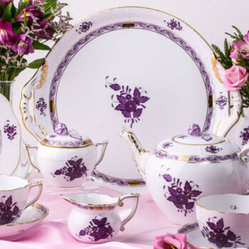 Herend porcelain Tea Set for 2 Persons with Cake Plate - Herend Chinese Bouquet / Apponyi Lilac pattern. The Tea Set contains the following porcelain items: 1 pc – Tea Pot – vol 1.2 Liter (40 OZ) 604-0-12 AL 1 pc – Sugar Basin – vol 1.7 dl (6 OZ) 472-0-12 AL 1 pc – Creamer – vol 1.2 dl (4 OZ) 644-0-00 AL 1 pc – Cake Plate – 32 x 29 cm (13"L x 11"W) 315-0-00 AL 2 pc – Tea Cup – vol 3 dl (10 OZ) 701-2-00 AL 2 pc – Saucer – diam 15.5 cm (6"D) 701-1-00 AL 2 pc – Dessert Plate – diam 19 cm (7.5"D) 517-0-00 AL Total: 10 pieces Herend porcelain items The classic Apponyi pattern is also known as Chinese Bouquet. Tea, Coffee, Turkish Coffee, Espresso Sets and Dinner Services are available. The Apponyi Lilac pattern Tea Set is available for more persons as well.