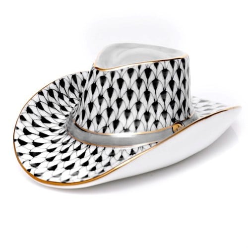 Herend Cowboy Hat - Fishnet Colors Herend porcelain from Hungary, handmade and handpainted with 24k gold accents. Makes for the perfect home decor piece or gift for that special someone! Measures 3 ¼" l x 1 ¼" h