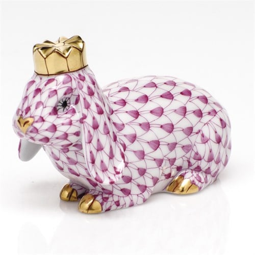HEREND ROYAL BUNNY FIGURINE - FIshnet Colors Handmade and handpainted Herend porcelain from Hungary with 24k gold accents.  The queen of rabbits are now available in fishnet decors. Measures 2 ¾" l x 1 ¾" h