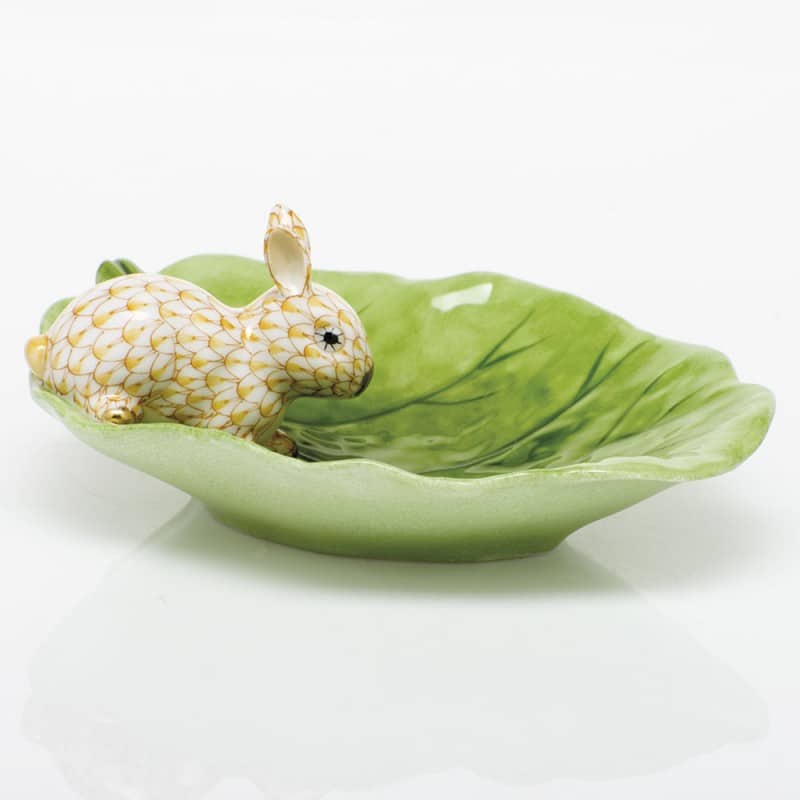 Herend Bunny on Cabbage Leaf Dish Butterscotch Fishnet