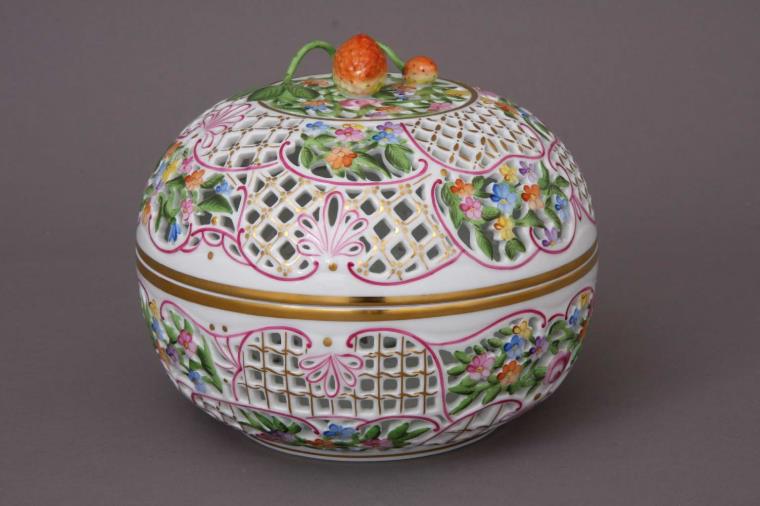 Herend Large Open-Woek Bonbon with Stawberry Knob One of the largest open-work bonbon is handcut by Herend's artist 19.5 diameter. A true masterpiece, comes in a gift box and with a certificate of origin. Special order from Hungary